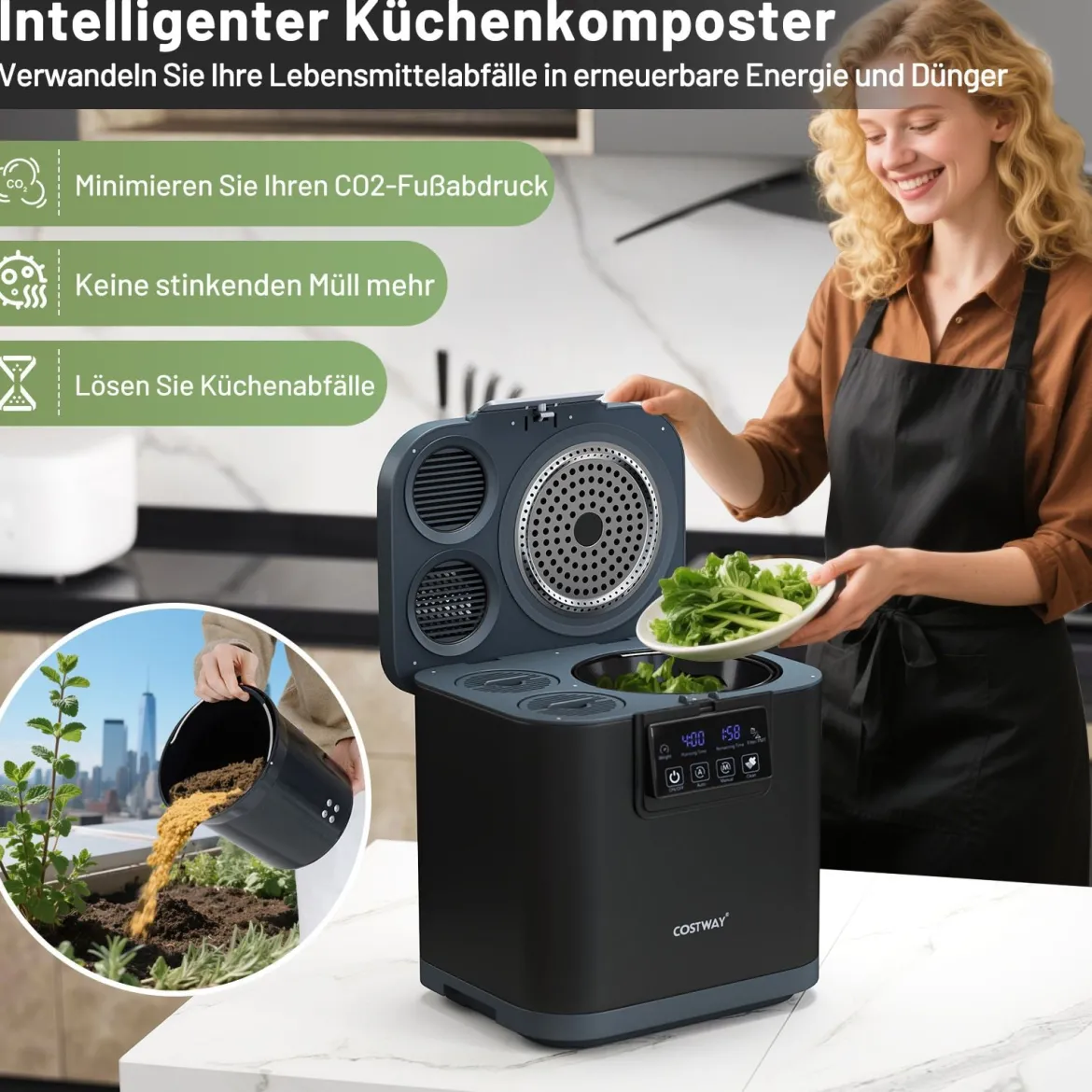 4 L Elektrischer Komposter Küchenkomposter mit Deckel 2 Filtereinsätzen & LED-Anzeige Schwarz