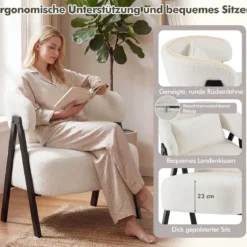 Lesesessel Sessel mit Kunstfell bezogen Loungesessel mit Lendenkissen & Metallbeinen moderner Relaxsessel Weiß