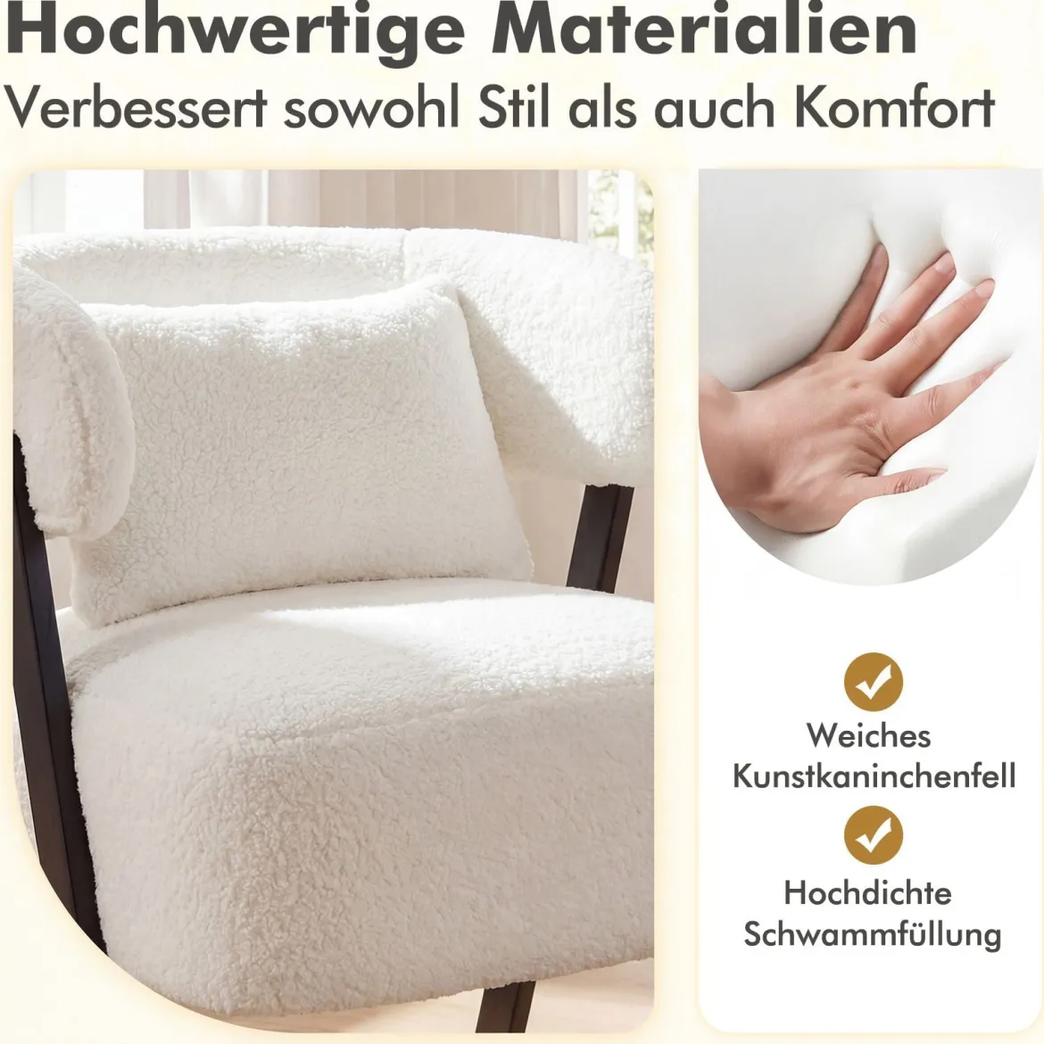 Lesesessel Sessel mit Kunstfell bezogen Loungesessel mit Lendenkissen & Metallbeinen moderner Relaxsessel Weiß