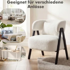 Lesesessel Sessel mit Kunstfell bezogen Loungesessel mit Lendenkissen & Metallbeinen moderner Relaxsessel Weiß