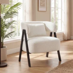 Lesesessel Sessel mit Kunstfell bezogen Loungesessel mit Lendenkissen & Metallbeinen moderner Relaxsessel Weiß