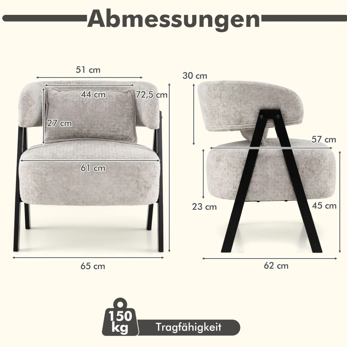Lesesessel Sessel mit Kunstfell bezogen Loungesessel mit Lendenkissen & Metallbeinen moderner Relaxsessel Grau