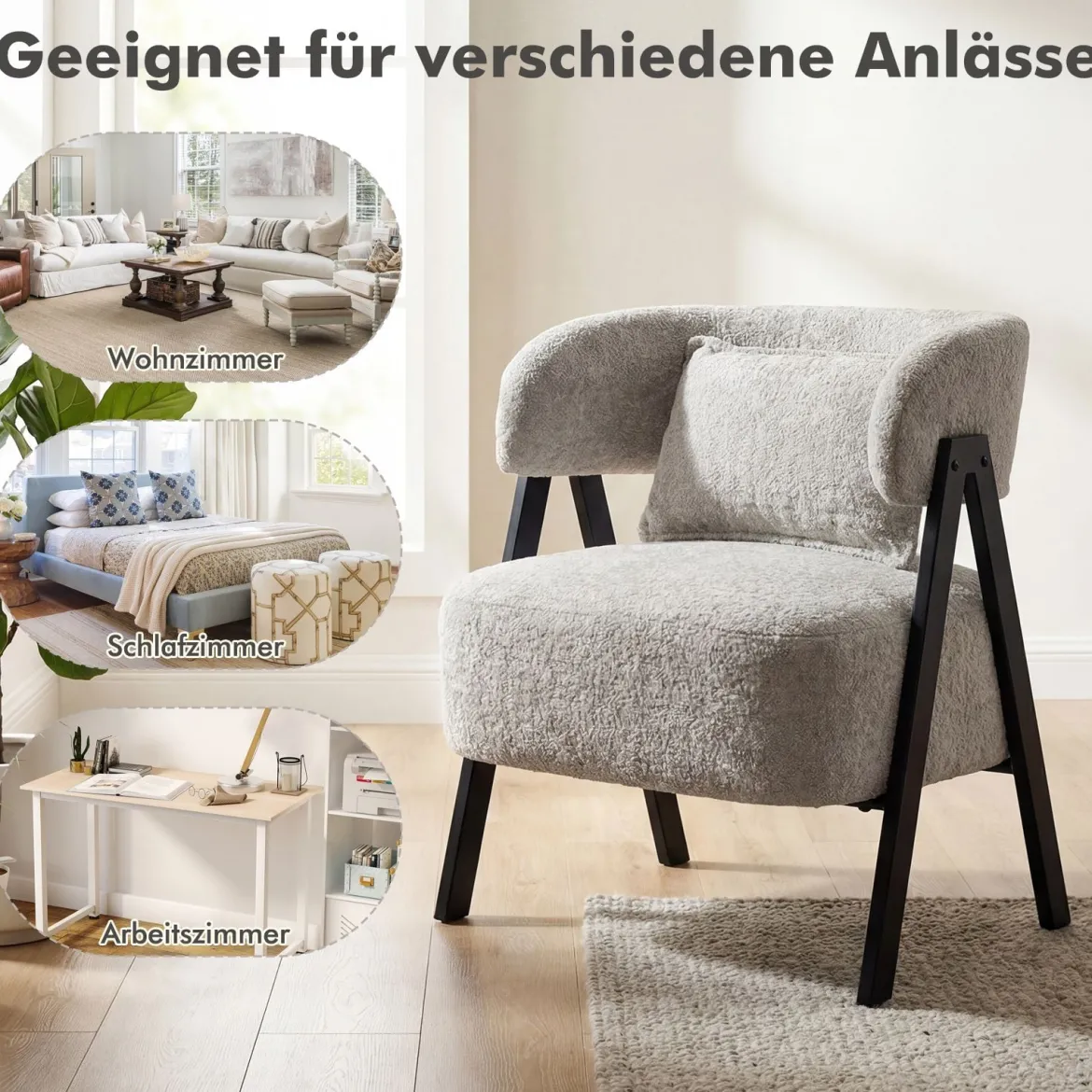 Lesesessel Sessel mit Kunstfell bezogen Loungesessel mit Lendenkissen & Metallbeinen moderner Relaxsessel Grau