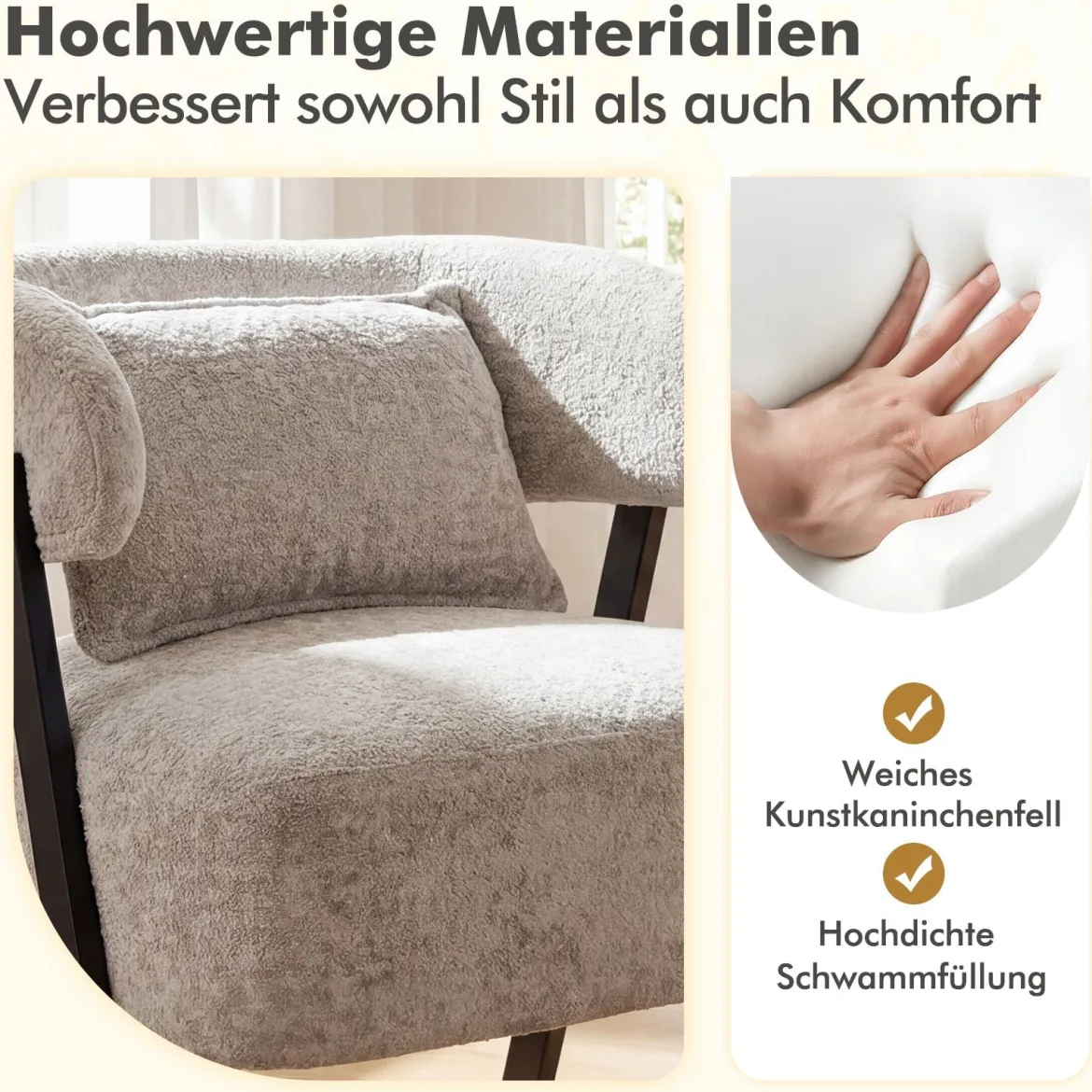 Lesesessel Sessel mit Kunstfell bezogen Loungesessel mit Lendenkissen & Metallbeinen moderner Relaxsessel Grau