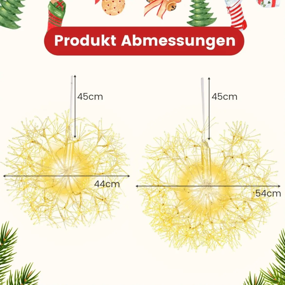 Leuchtkugel Weihnachten 2 Stück LED Kugeln Zum Hinhängen Weihnachtsbeleuchtung für außen und innen Gold