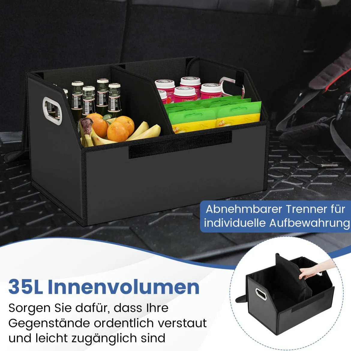 35L Faltbarer Auto-Kofferraum-Organizer aus Leder mit Deckel & Flexibler Trennwand Glatt