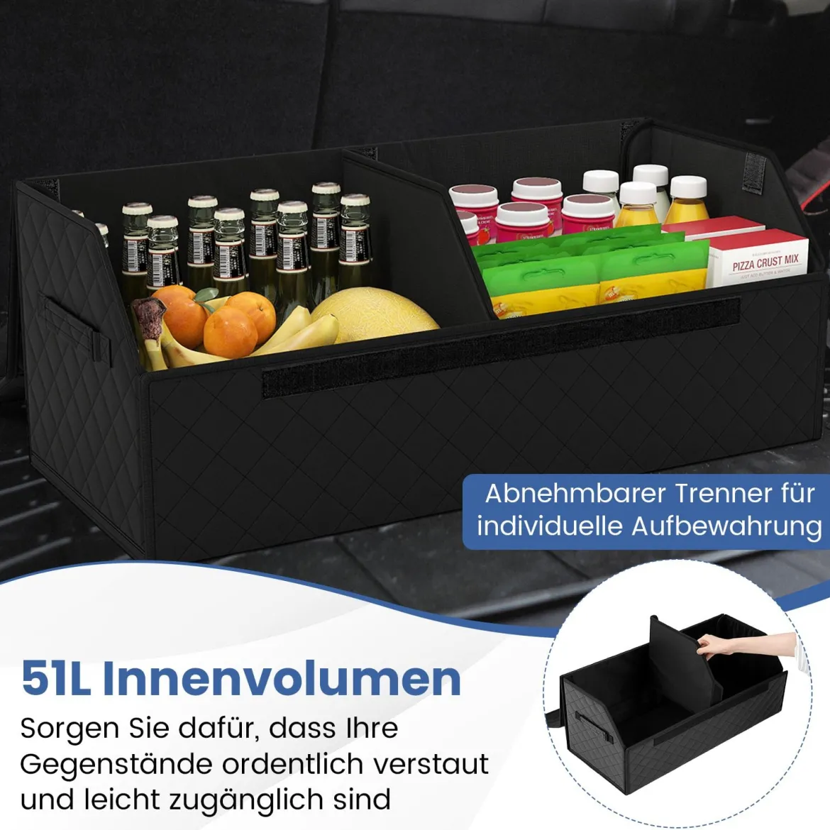 51L Faltbarer Auto-Kofferraum-Organizer aus Leder mit Deckel & Flexibler Trennwand Gesteppt
