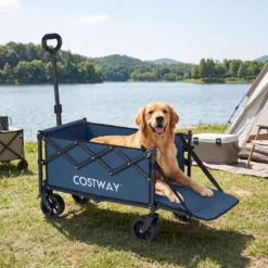 92 L Faltbarer Vielseitiger Bollerwagen mit Verstellbarem Griff Bremse 150 kg Tragkraft Blau