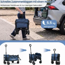 92 L Faltbarer Vielseitiger Bollerwagen mit Verstellbarem Griff Bremse 150 kg Tragkraft Blau