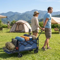 92 L Faltbarer Vielseitiger Bollerwagen mit Verstellbarem Griff Bremse 150 kg Tragkraft Blau