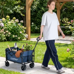 92 L Faltbarer Vielseitiger Bollerwagen mit Verstellbarem Griff Bremse 150 kg Tragkraft Blau