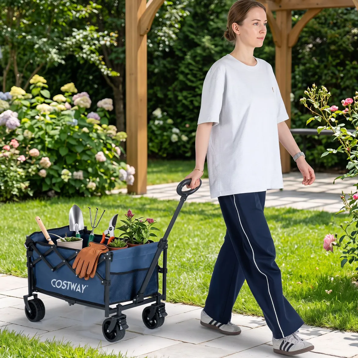 92 L Faltbarer Vielseitiger Bollerwagen mit Verstellbarem Griff Bremse 150 kg Tragkraft Blau