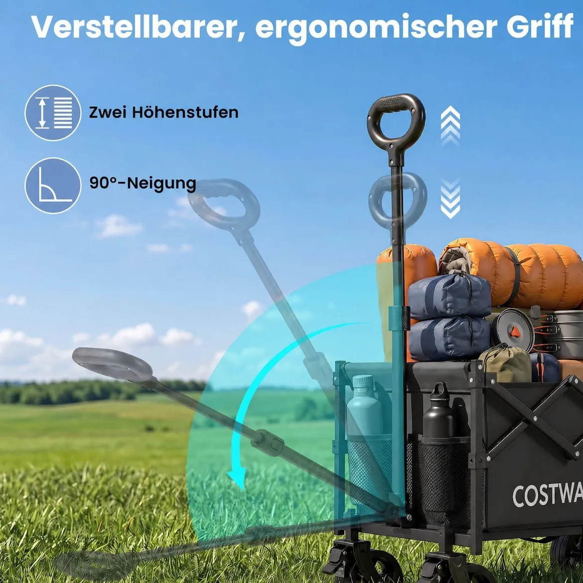 92 L Faltbarer Vielseitiger Bollerwagen mit Verstellbarem Griff Bremse 150 kg Tragkraft Schwarz