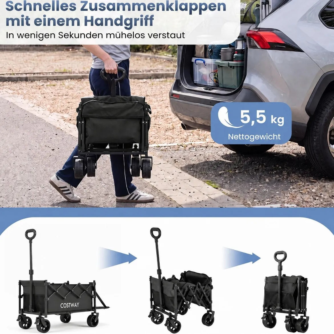 92 L Faltbarer Vielseitiger Bollerwagen mit Verstellbarem Griff Bremse 150 kg Tragkraft Schwarz