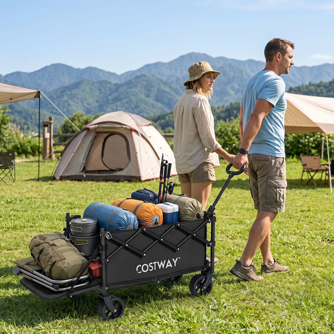 92 L Faltbarer Vielseitiger Bollerwagen mit Verstellbarem Griff Bremse 150 kg Tragkraft Schwarz