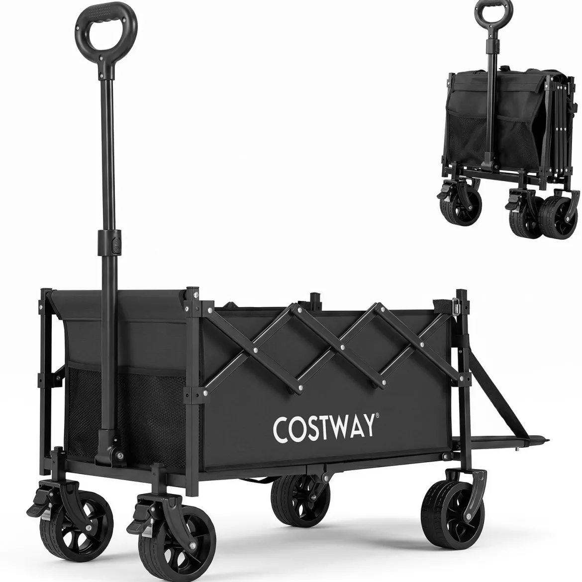 92 L Faltbarer Vielseitiger Bollerwagen mit Verstellbarem Griff Bremse 150 kg Tragkraft Schwarz