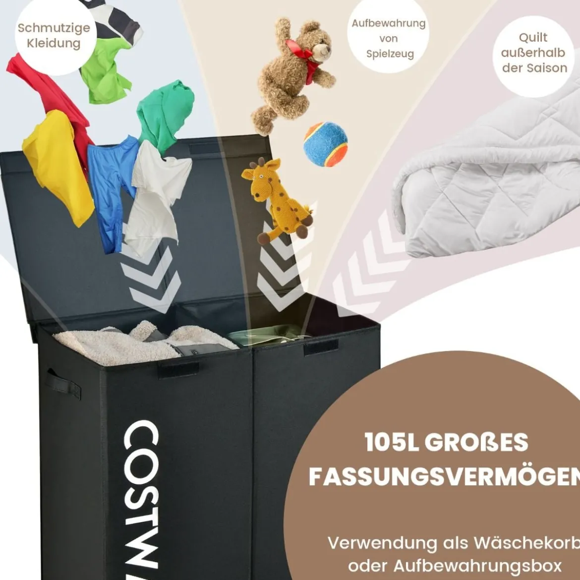 115L 2 Fächer Wäschekorb aus Vliesstoff mit Deckel & Griffen 62 x 31 x 60 cm Schwarz