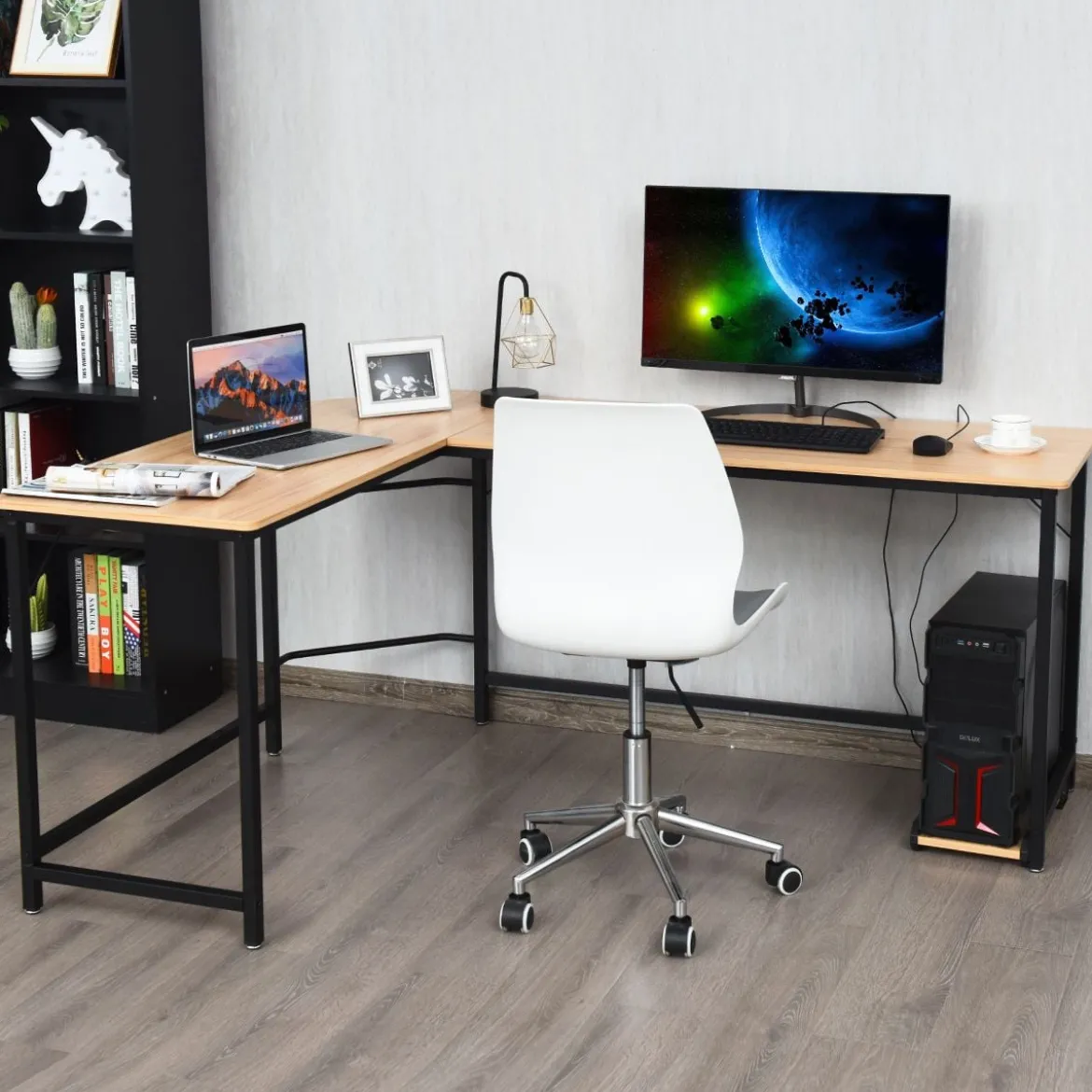 L-Form Computertisch PC Eckschreibtisch Winkelschreibtisch Schwarz/Natur/Kaffee 168 x 125 x 74 cm