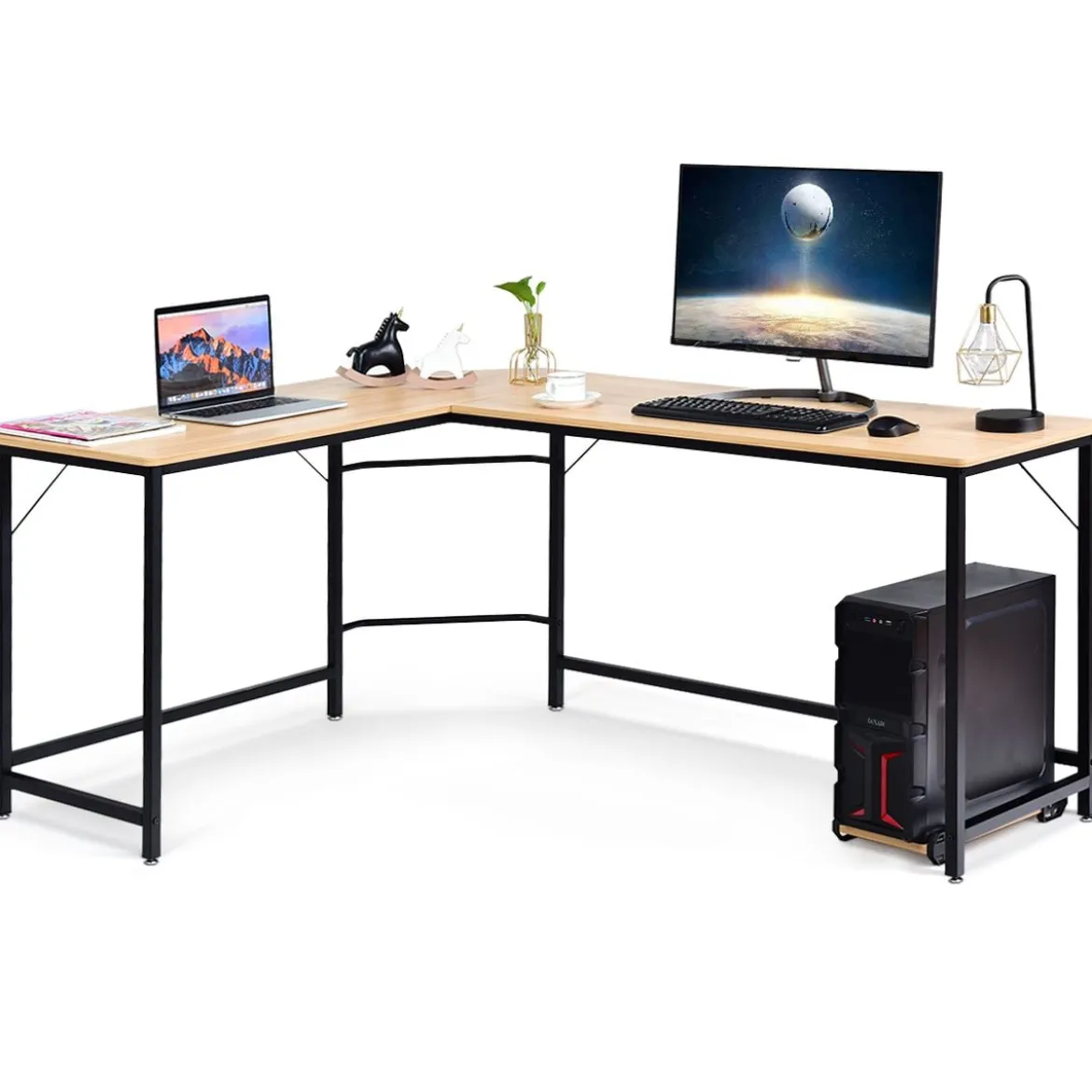 L-Form Computertisch PC Eckschreibtisch Winkelschreibtisch Schwarz/Natur/Kaffee 168 x 125 x 74 cm