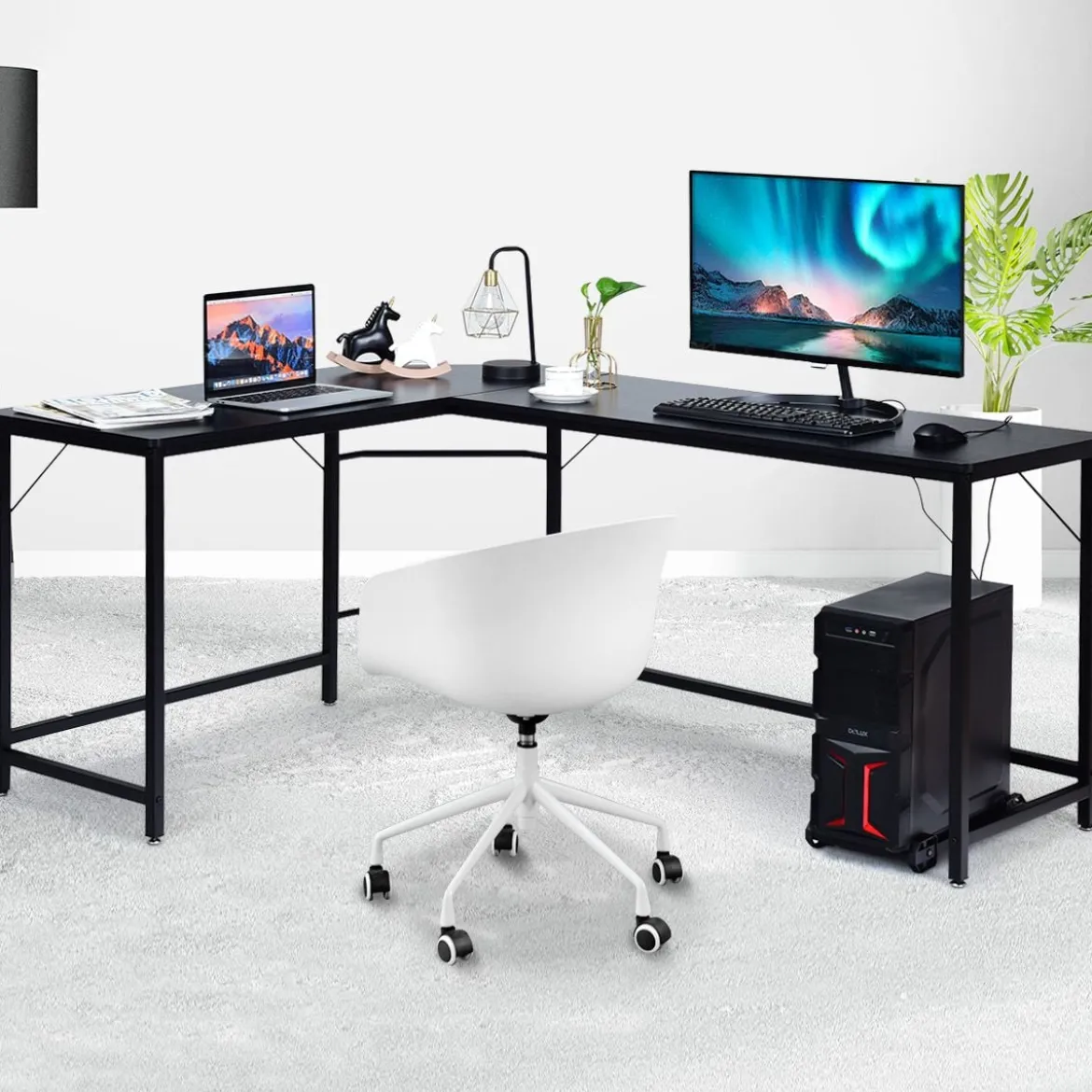 L-Form Computertisch PC Eckschreibtisch Winkelschreibtisch Schwarz/Natur/Kaffee 168 x 125 x 74 cm