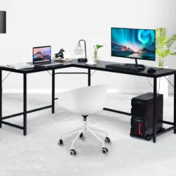 L-Form Computertisch PC Eckschreibtisch Winkelschreibtisch Schwarz/Natur/Kaffee 168 x 125 x 74 cm