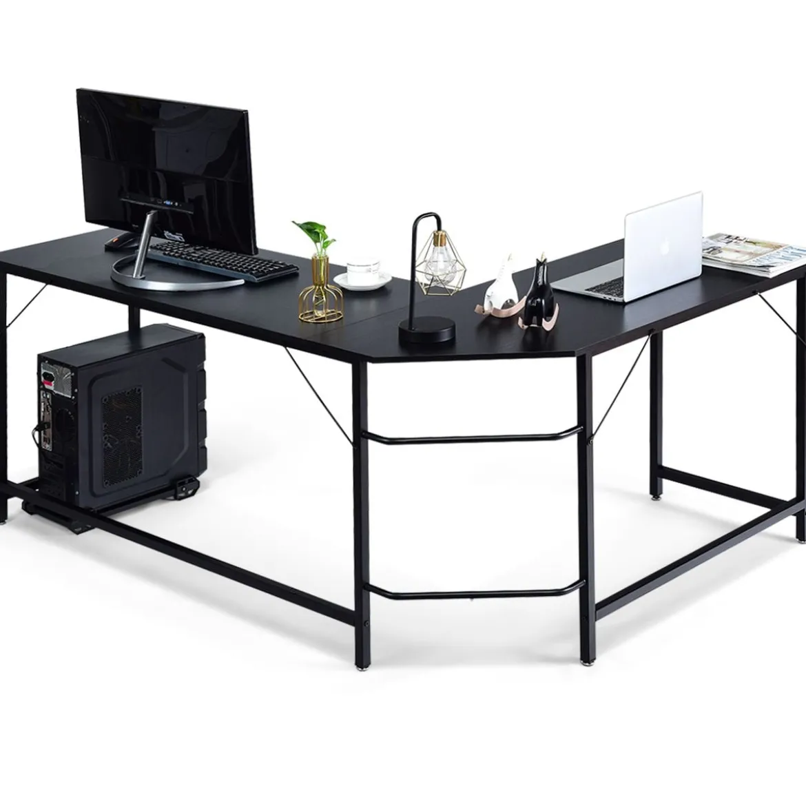 L-Form Computertisch PC Eckschreibtisch Winkelschreibtisch Schwarz/Natur/Kaffee 168 x 125 x 74 cm