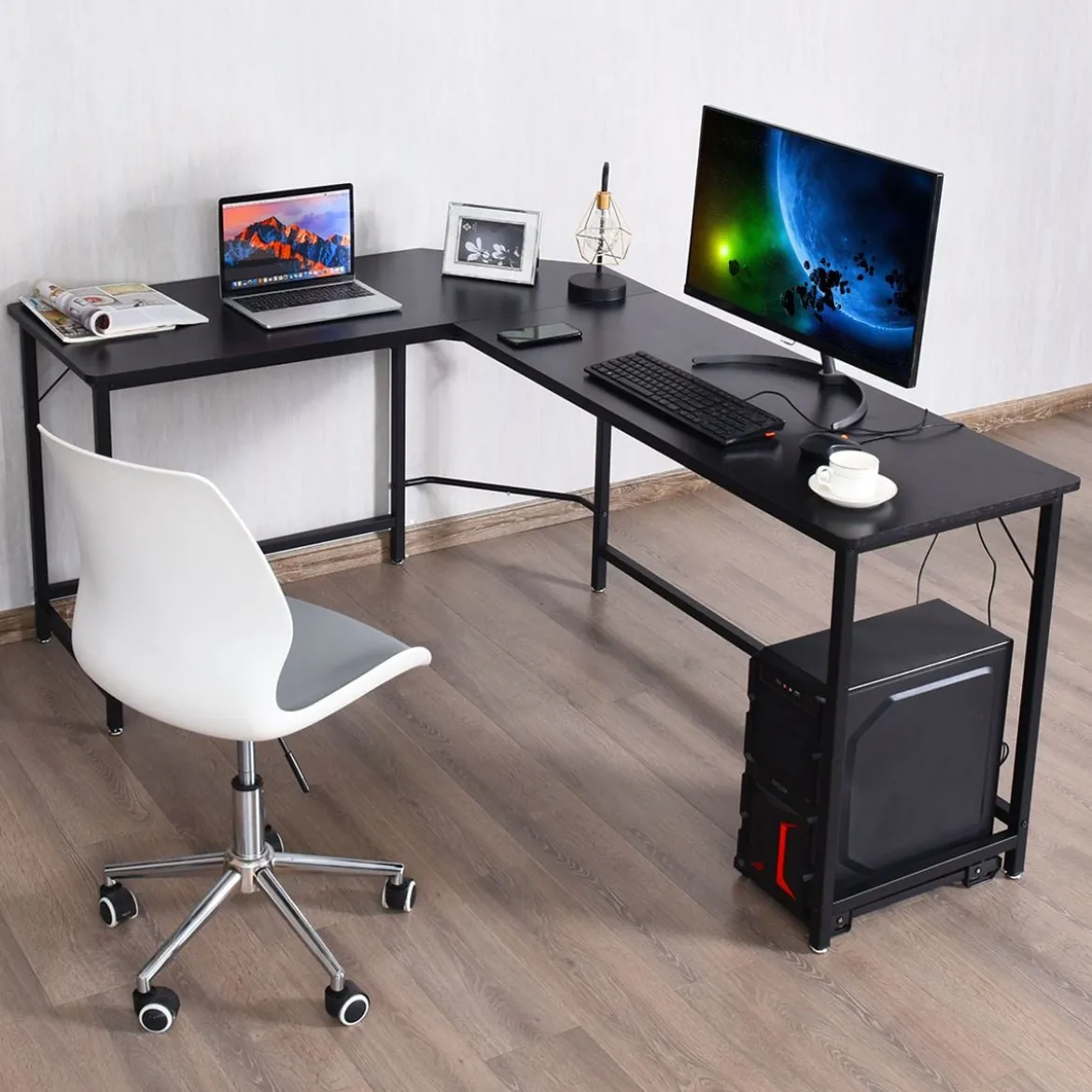 L-Form Computertisch PC Eckschreibtisch Winkelschreibtisch Schwarz/Natur/Kaffee 168 x 125 x 74 cm