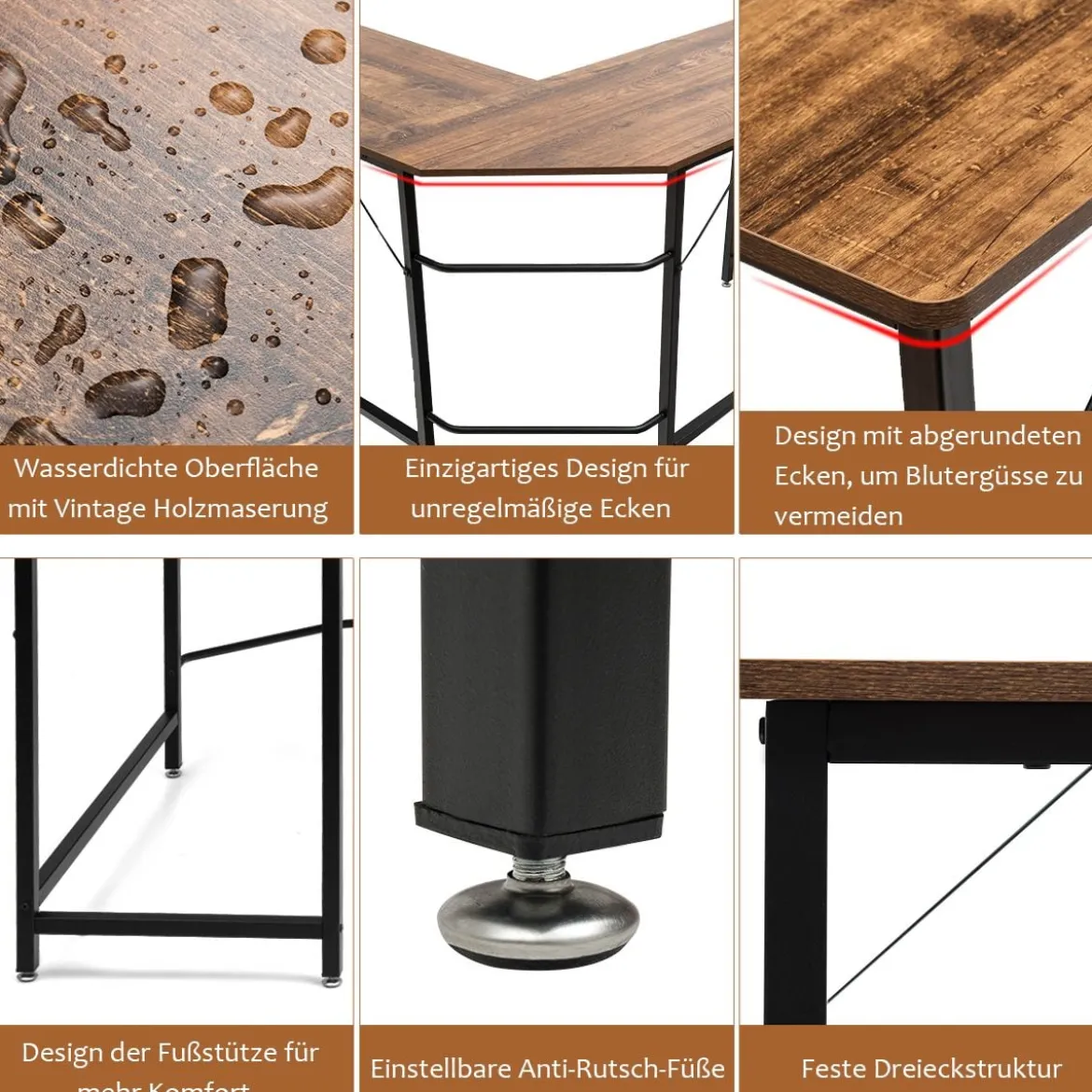 L-Form Computertisch PC Eckschreibtisch Winkelschreibtisch Schwarz/Natur/Kaffee 168 x 125 x 74 cm