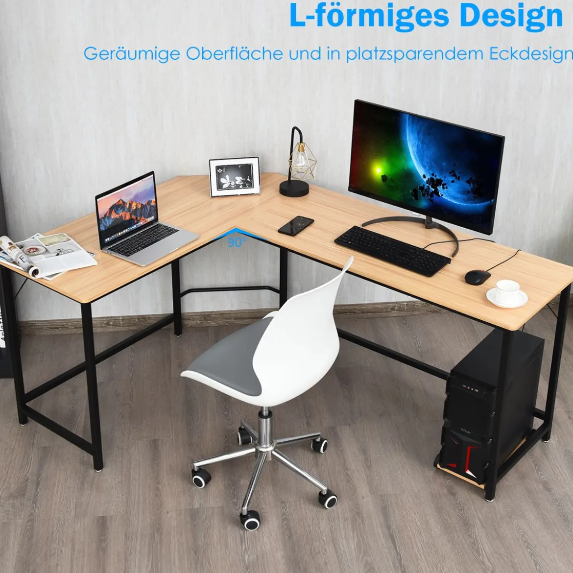 L-Form Computertisch PC Eckschreibtisch Winkelschreibtisch Schwarz/Natur/Kaffee 168 x 125 x 74 cm