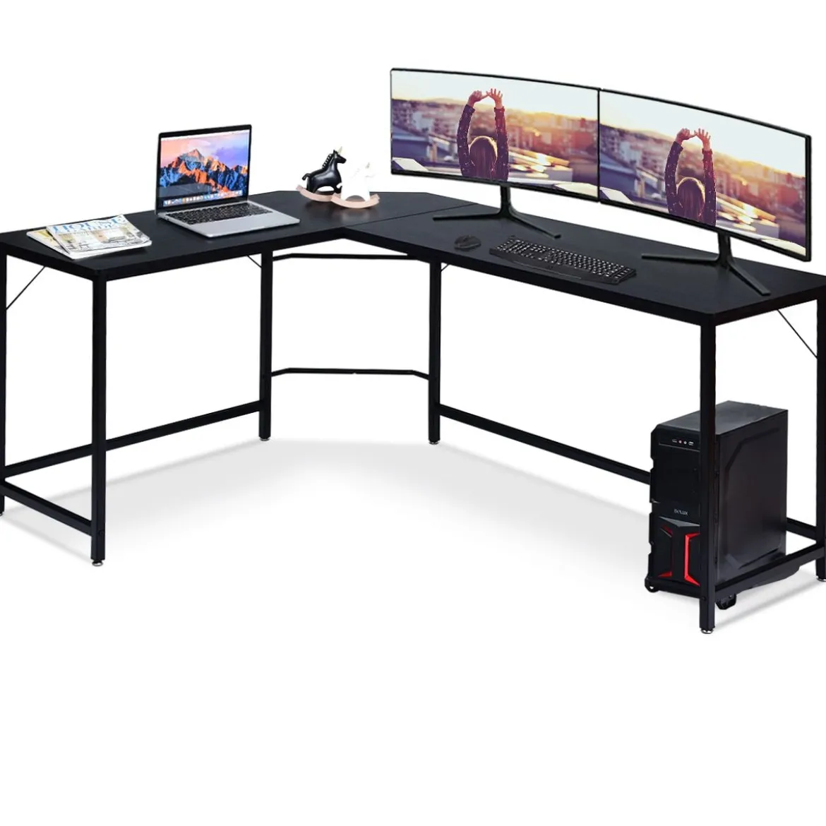 L-Form Computertisch PC Eckschreibtisch Winkelschreibtisch Schwarz/Natur/Kaffee 168 x 125 x 74 cm