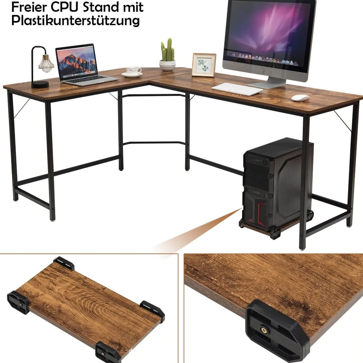 L-Form Computertisch PC Eckschreibtisch Winkelschreibtisch Schwarz/Natur/Kaffee 168 x 125 x 74 cm
