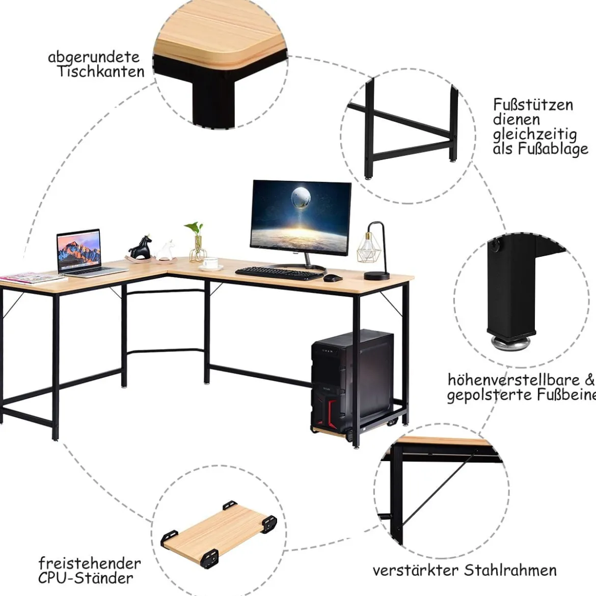 L-Form Computertisch PC Eckschreibtisch Winkelschreibtisch Schwarz/Natur/Kaffee 168 x 125 x 74 cm