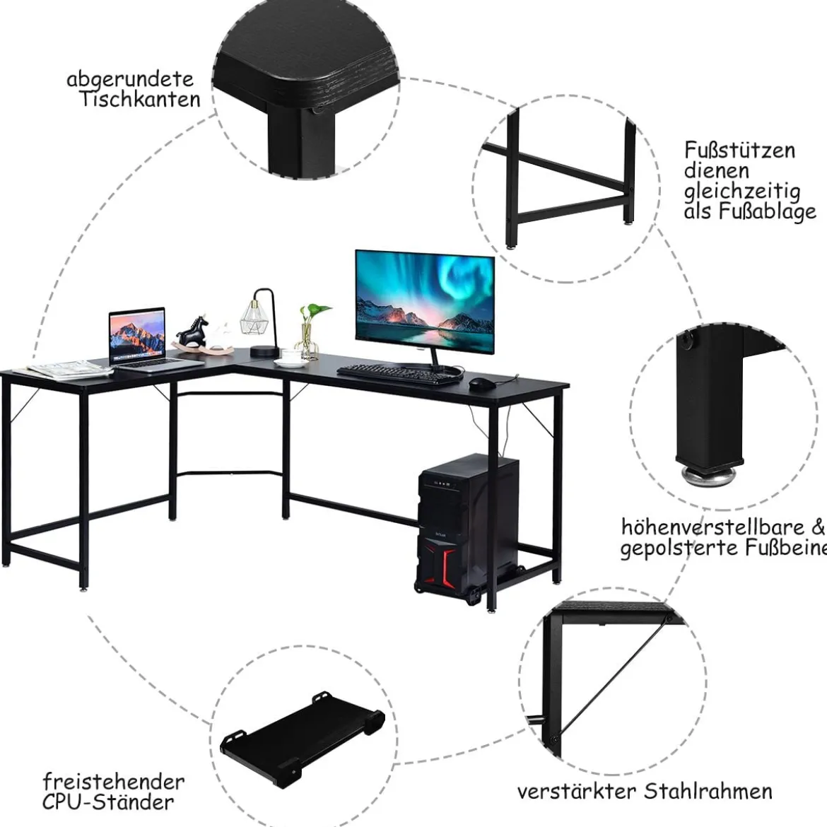 L-Form Computertisch PC Eckschreibtisch Winkelschreibtisch Schwarz/Natur/Kaffee 168 x 125 x 74 cm