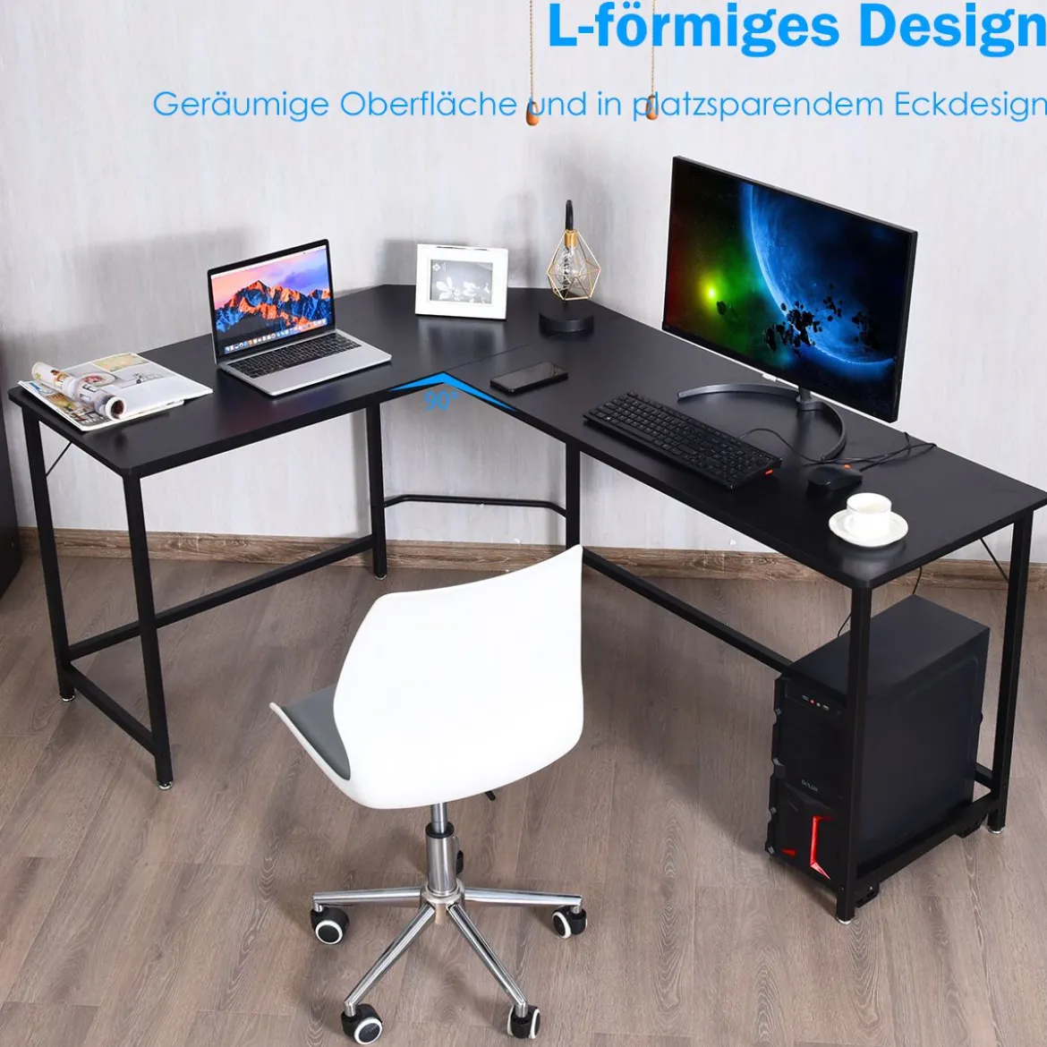 L-Form Computertisch PC Eckschreibtisch Winkelschreibtisch Schwarz/Natur/Kaffee 168 x 125 x 74 cm