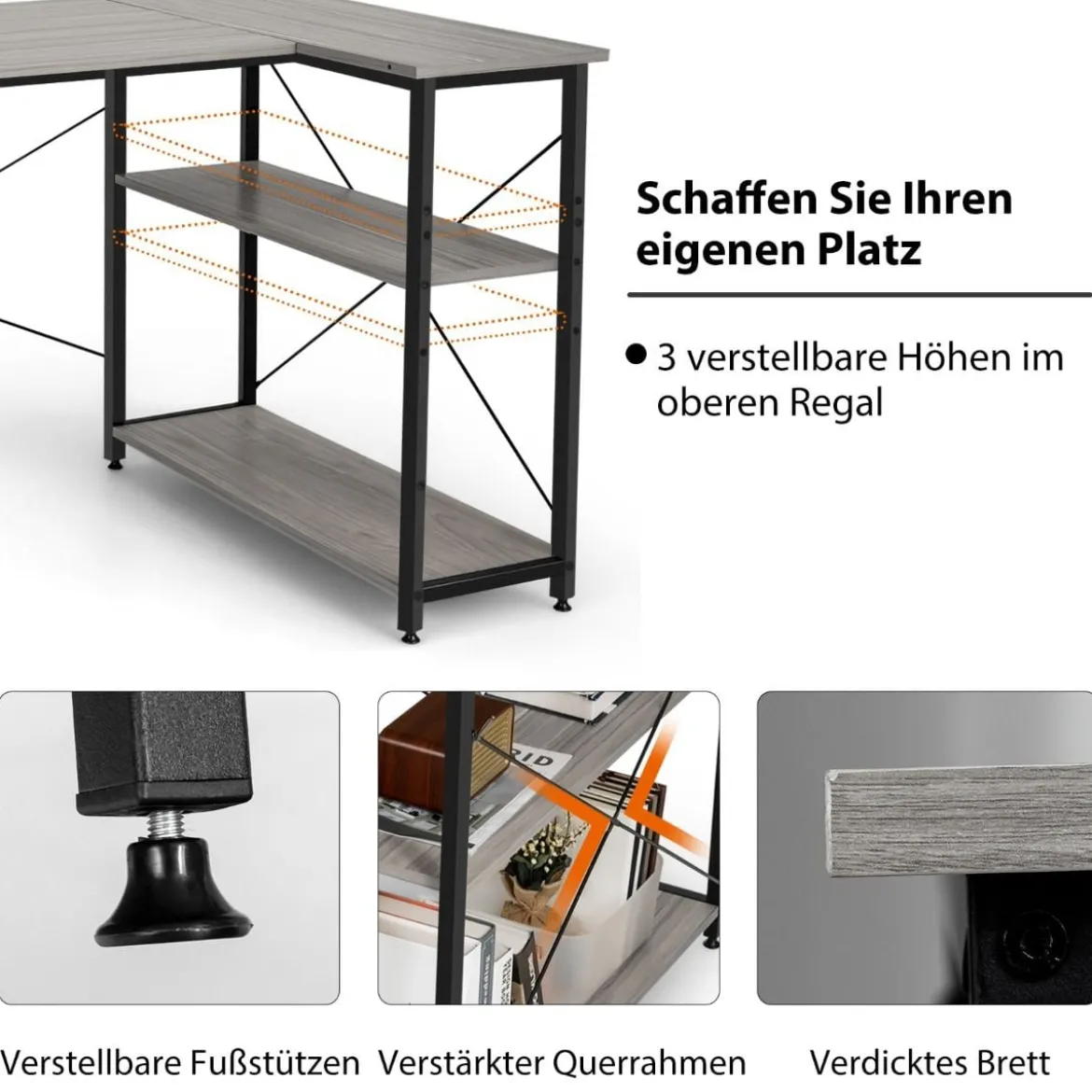 L-Form Schreibtisch Eck-Computertisch mit Ablagefächern Bürotisch 120 x 88 x 74,5 cm Grau