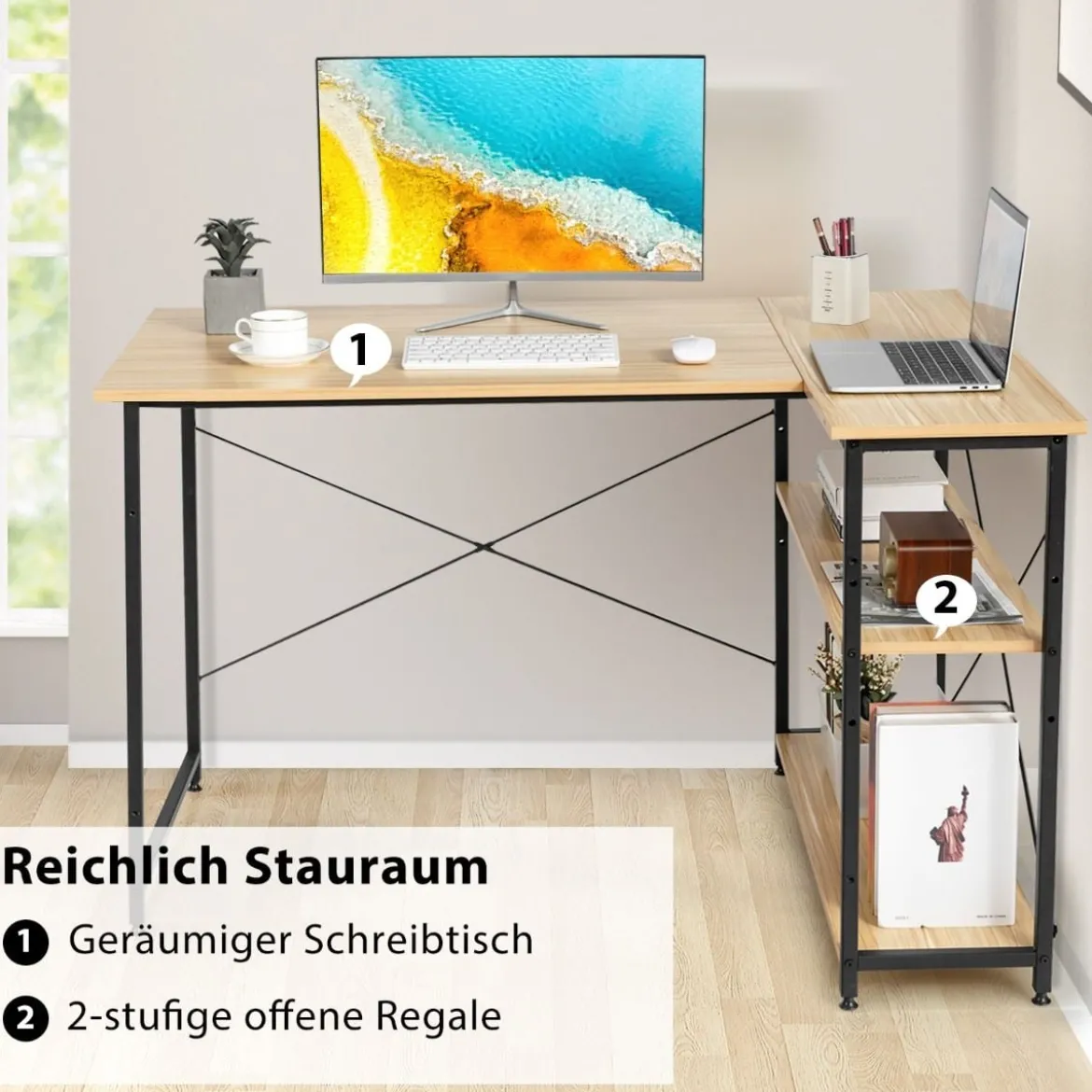 L-Form Schreibtisch Eck-Computertisch mit Ablagefächern Bürotisch 120 x 88 x 74,5 cm Natur