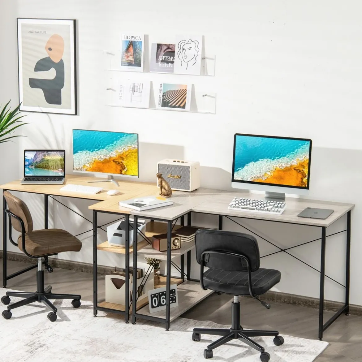 L-Form Schreibtisch Eck-Computertisch mit Ablagefächern Bürotisch 120 x 88 x 74,5 cm Natur