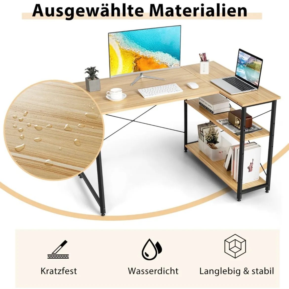 L-Form Schreibtisch Eck-Computertisch mit Ablagefächern Bürotisch 120 x 88 x 74,5 cm Natur