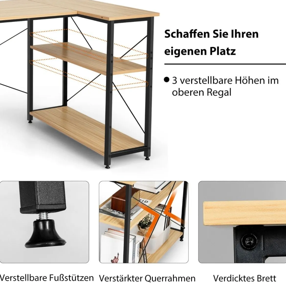 L-Form Schreibtisch Eck-Computertisch mit Ablagefächern Bürotisch 120 x 88 x 74,5 cm Natur