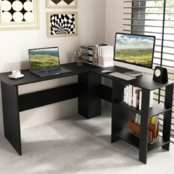 L-Form Schreibtisch mit 2 Kabellöchern & Ablagefächern Eckschreibtisch 130 x 130 x 74 cm Schwarz