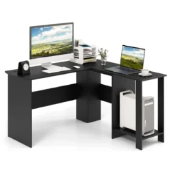 L-Form Schreibtisch mit 2 Kabellöchern & Ablagefächern Eckschreibtisch 130 x 130 x 74 cm Schwarz