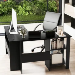L-Form Schreibtisch mit 2 Kabellöchern & Ablagefächern Eckschreibtisch 130 x 130 x 74 cm Schwarz