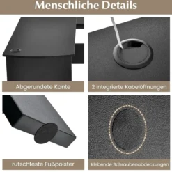 L-Form Schreibtisch mit 2 Kabellöchern & Ablagefächern Eckschreibtisch 130 x 130 x 74 cm Schwarz