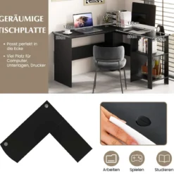 L-Form Schreibtisch mit 2 Kabellöchern & Ablagefächern Eckschreibtisch 130 x 130 x 74 cm Schwarz