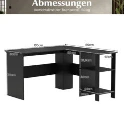 L-Form Schreibtisch mit 2 Kabellöchern & Ablagefächern Eckschreibtisch 130 x 130 x 74 cm Schwarz