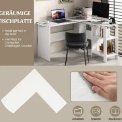 L-Form Schreibtisch mit 2 Kabellöchern & Ablagefächern Eckschreibtisch 130 x 130 x 74 cm Weiß