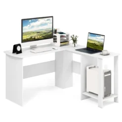 L-Form Schreibtisch mit 2 Kabellöchern & Ablagefächern Eckschreibtisch 130 x 130 x 74 cm Weiß