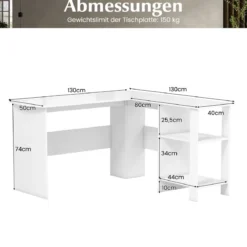 L-Form Schreibtisch mit 2 Kabellöchern & Ablagefächern Eckschreibtisch 130 x 130 x 74 cm Weiß