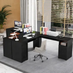 L-Form Schreibtisch mit Ladestation & Tastaturablage & 2 Schubladen Eckschreibtisch
