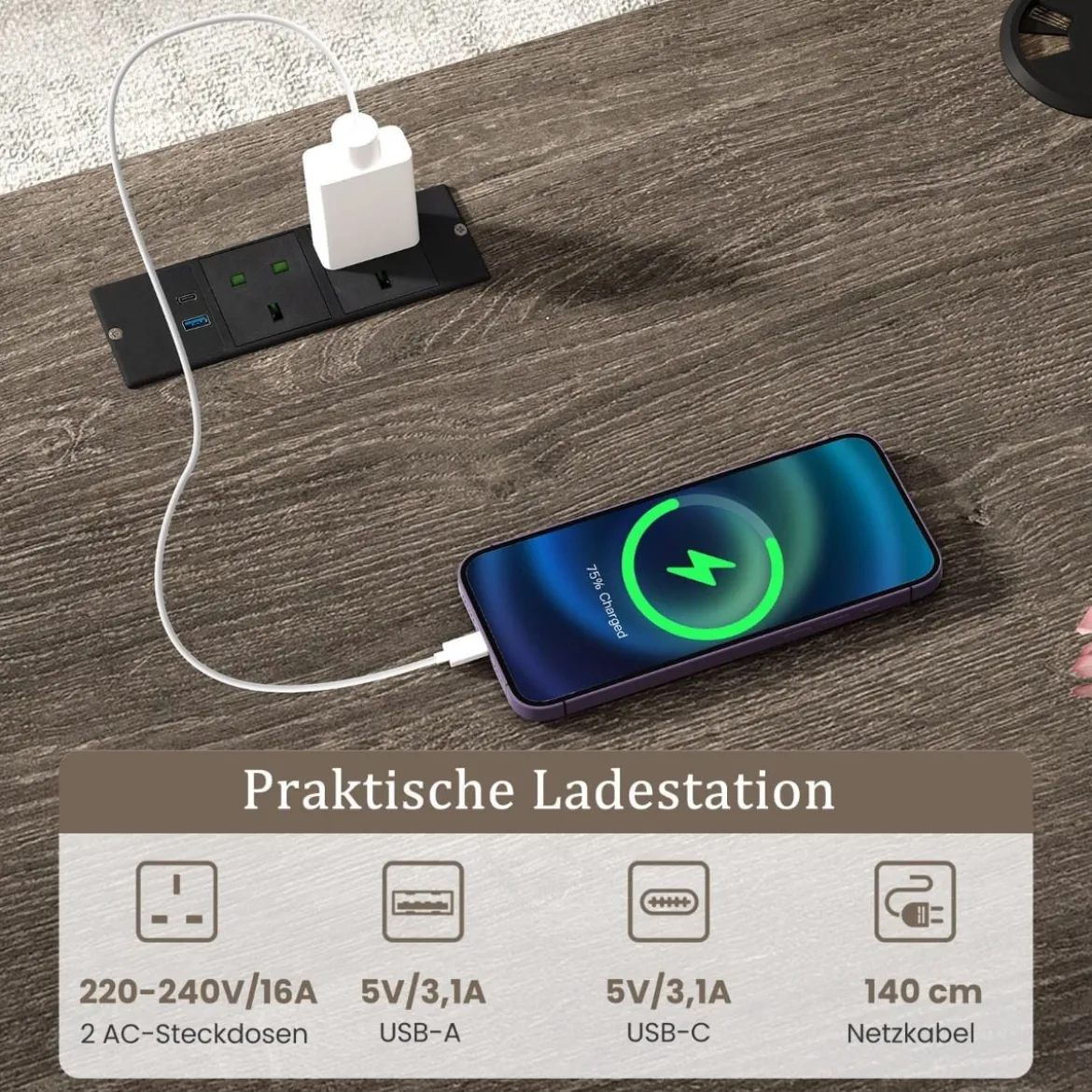 L-Form Schreibtisch mit Ladestation & Tastaturablage & 2 Schubladen Eckschreibtisch